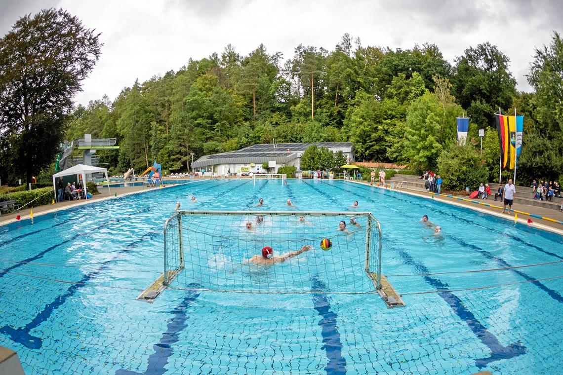 Bei zwei Wasserballspielen zwischen der TSG Backnang und dem SC Chelmsford gab es im Freibad viele Tore und packende Szenen zu sehen. Foto: Alexander Becher