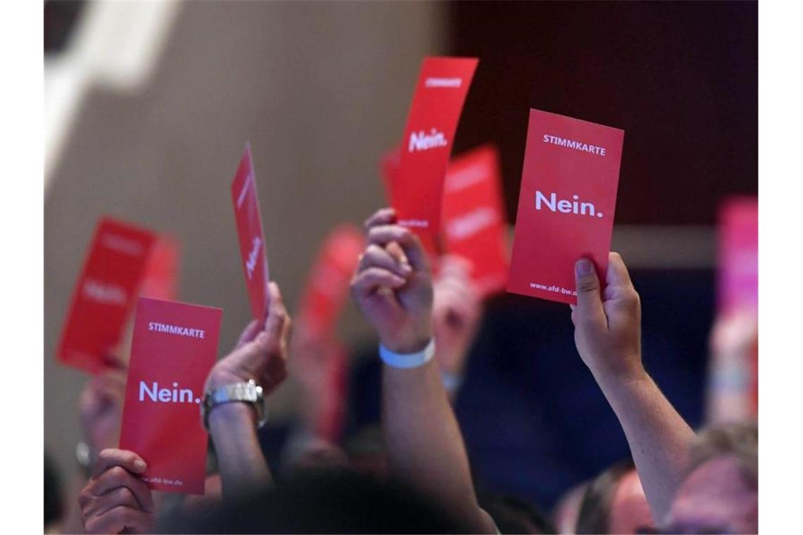 Machtkampf in der Südwest-AfD weiter ungeklärt Beim 14. Landesparteitag der AfD Baden-Württemberg werden rote Stimmkarten mit der Aufschrift „Nein“ in die Höhe gehalten. Foto: Uli Deck