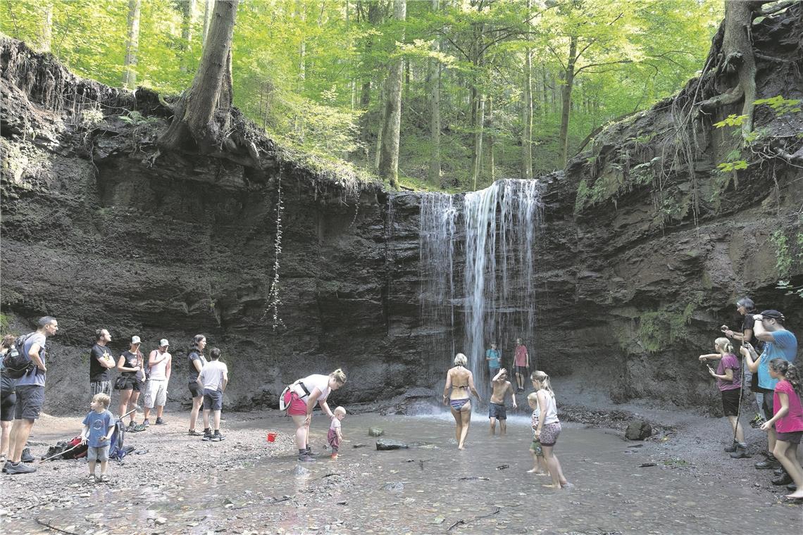 Beim fünf Meter hohen, hufeisenförmigen Vorderen Wasserfall in der Murrhardter Hörschbachschlucht finden die Ausflügler zwar keine Ruhe, aber doch ein wenig Abkühlung im oder am Bach. Fotos: I. Knack (6), J. Fiedler (1)