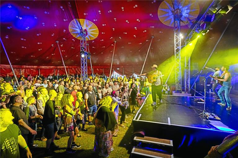 Beim Konzert der Band Jamaran hält es die Besucherinnen und Besucher der Palastbühne nicht lange auf den Bänken. Fotos: Alexander Becher