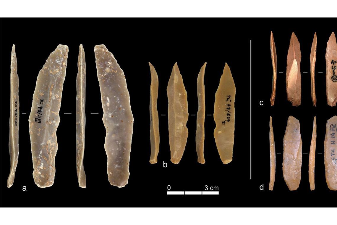 Ex oriente lux: Steinzeit-Technik war kein Wissens-Import Beispiele für Steinartefakte aus dem Ahmarien von Ksar Akil (a & b) und dem Protoaurignacien von Grotta di Fumane (c) sowie Grotta di Castelcivita (d).