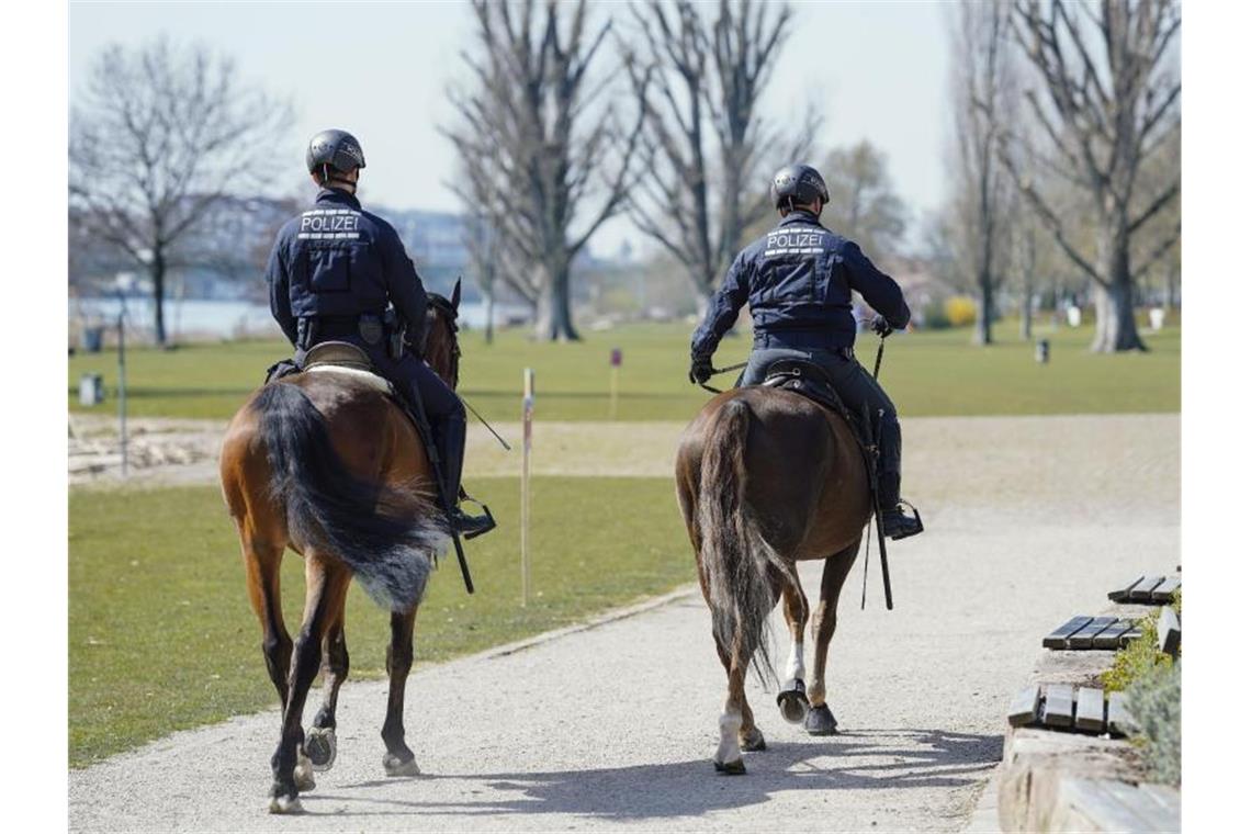 Berittene Polizisten reiten auf Streife in einem Park. Foto: Uwe Anspach/dpa/Archivbild