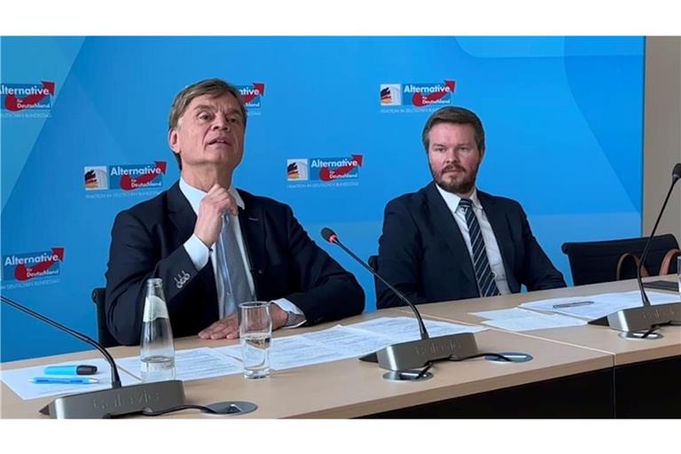 Bernd Baumann (links) wiederholte vor Journalisten AfD-Vorwürfe, die Kandidatin sei eine Enteignungsbefürworterin und für eine „radikale Klimapolitik“.