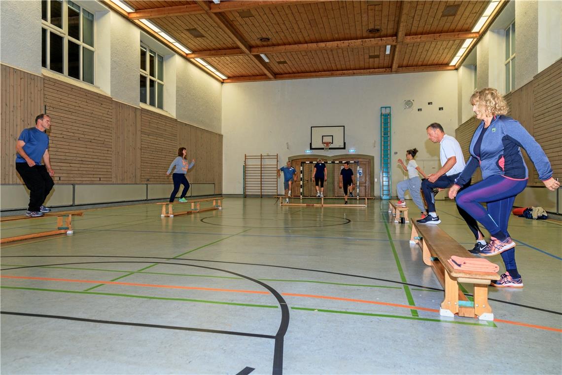 Besonders trainiert werden die Oberschenkel, zum Beispiel beim wiederholten Steigen auf die Bank. Foto: Stefan Bossow