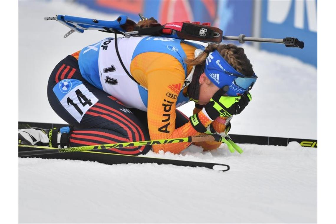 Beste Deutsche in der Verfolgung mit Rang 18: Franziska Preuß. Foto: Martin Schutt/dpa