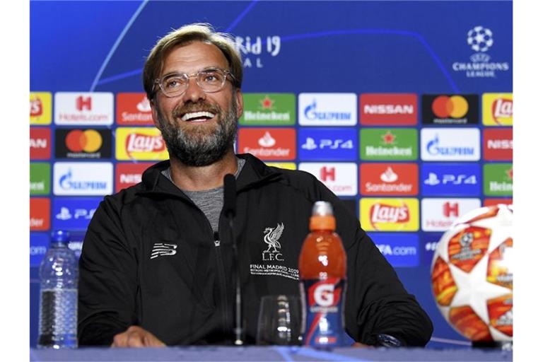 Bester Laune: Liverpool-Coach Jürgen Klopp bei der Pressekonferenz vor dem Champions-League-Finale. Foto: Stuart Franklin/UEFA