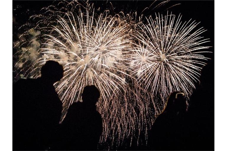 Besucher des Feuerwerkfestes „Flammende Sterne“ sehen sich in Ostfildern ein Feuerwerk an. Foto: Christoph Schmidt/Archivbild