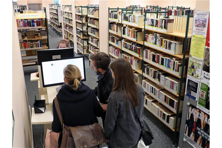 Besucher einer Stadtbibliothek informieren sich an einem Computer. Foto: Bernd Wüstneck/dpa-Zentralbild/dpa/Illustration