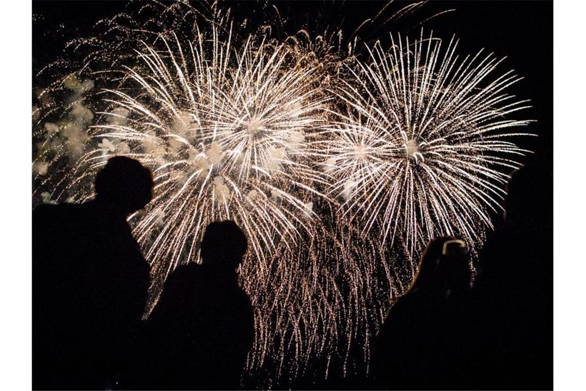 Besucher sehen sich ein Feuerwerk an. Foto: Christoph Schmidt/dpa/Archivbild