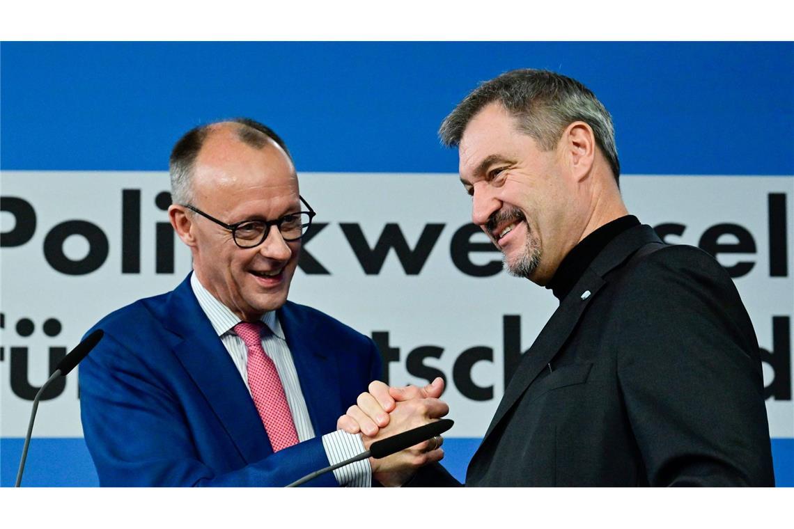 Zwischen Lügenvorwürfen und „Tünkram“ Betont geschlossen: CDU-Chef Friedrich Merz (li.) und der CSU-Vorsitzende Markus Söder