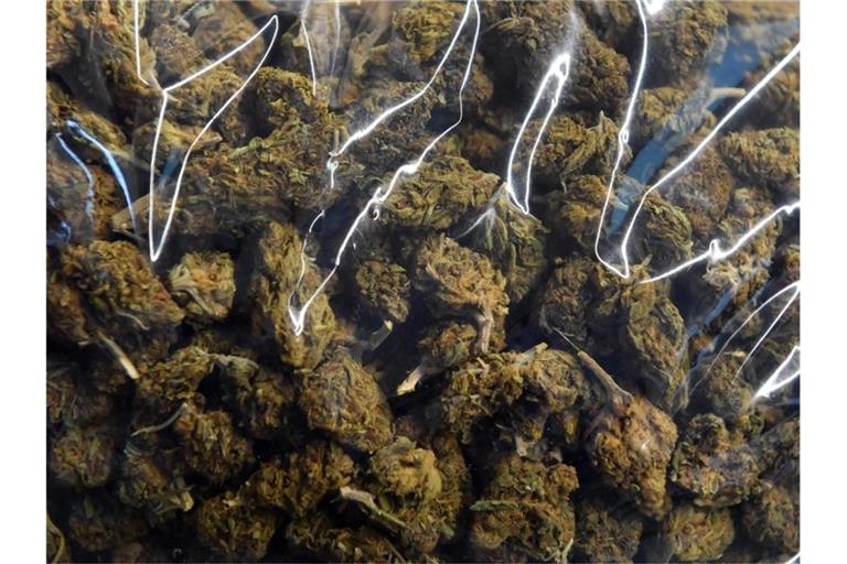 Beutel mit Marihuana aus einem umfangreichen Marihuanafund werden gezeigt. Foto: Hendrik Schmidt/Archivbild