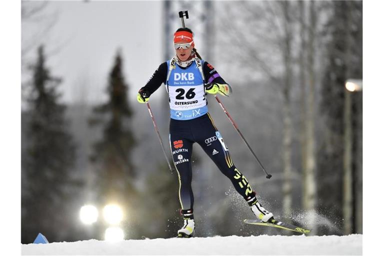 Biathletin Denise Herrmann belegte beim Weltcup in Östersund den dritten Platz. Foto: Anders Wiklund/TT NEWS AGENCY/AP/dpa