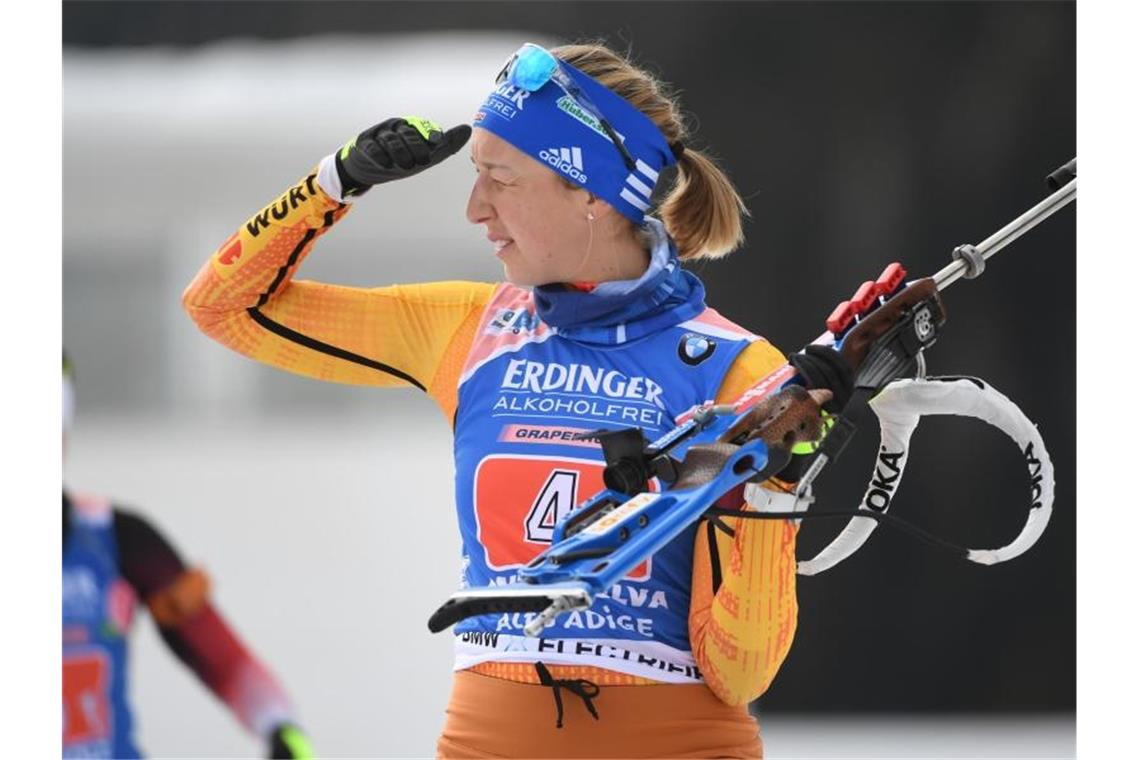 Biathletin Franziska Preuß will auch im Massenstartrennen um die WM-Medaillen mitlaufen. Foto: Hendrik Schmidt/dpa