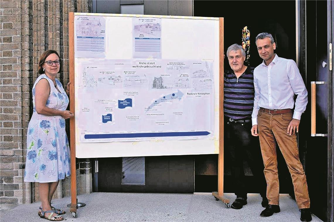 Birgit Heuckeroth, Vorsitzende des Gesamtkirchengemeinderats, sowie Kirchengemeinderat Roland Koblinger (rechts) und Pfarrer Wolfgang Beck präsentieren die bisherigen Überlegungen zur Standortentwicklung, die auf einem Plakat mit einer Zeitschiene zusammengefasst wurden. Foto: privat