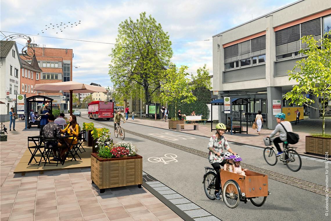 Bis jetzt nur eine Zukunftsvision: Die Pläne für eine neu gestaltete Sulzbacher Straße wurden 2024 in Workshops mit der Bürgerschaft entwickelt. Visualisierung: Stadt Backnang