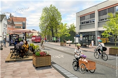 Bis jetzt nur eine Zukunftsvision: Die Pläne für eine neu gestaltete Sulzbacher Straße wurden 2024 in Workshops mit der Bürgerschaft entwickelt. Visualisierung: Stadt Backnang