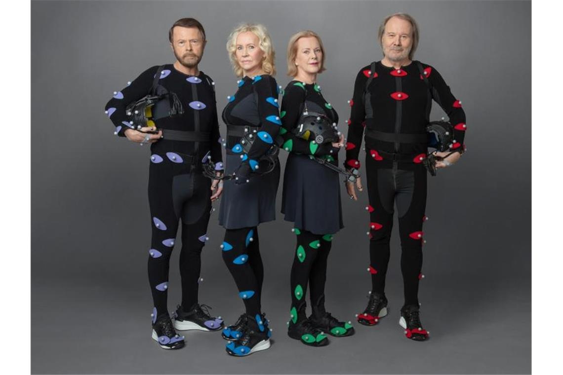 Björn Ulvaeus (l-r), Agnetha Fältskog, Benny Andersson und Anni-Frid Lyngstad, Mitglieder der schwedischen Popgruppe Abba. Foto: Baillie Walsh/Industrial Light and Magic/PA Media/dpa