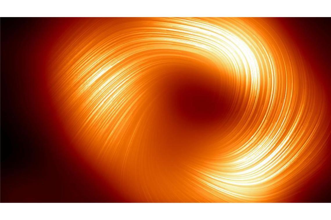 Blick auf das supermassereiche schwarze Loch Sagittarius A* im Herzen der Milchstraße im polarisierten Licht: Spiralförmig drehen sich die Magnetfelder um den zentralen Schatten des Schwarzen Lochs.