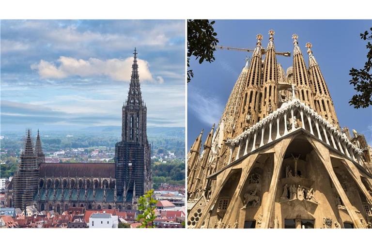 Blick auf das Ulmer Münster (links) und der neue höchste Kirchturm der Sagrada Família in Barcelona (rechts). (Archivbild).