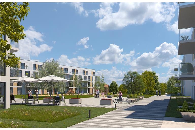 Blick auf den künftigen Quartiersplatz in Richtung Murr. Hier können sich die Planer auch ein Café oder einen Biergarten vorstellen. Visualisierung: Dibag Industriebau AG
