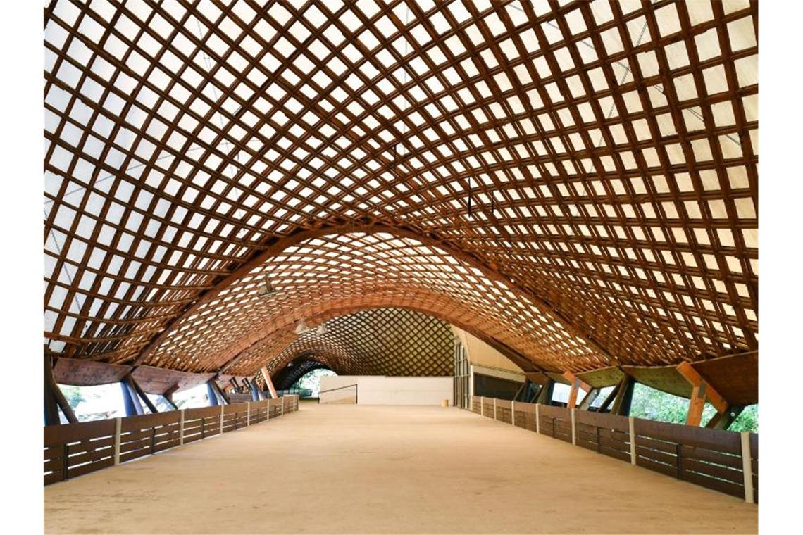 Blick auf die Deckenkonstruktion der Mulithalle im Herzogenriedpark in Mannheim. Foto: Uwe Anspach/Archiv