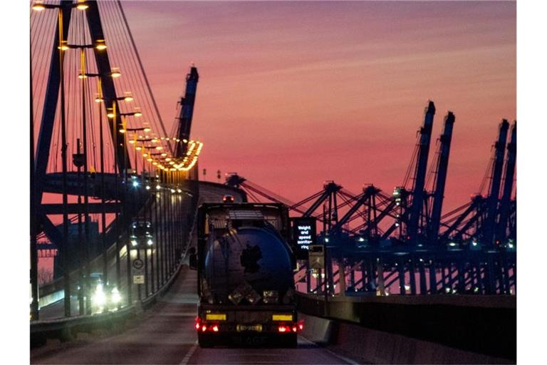 Blick auf die hochgeklappten Containerbrücken im Hamburger Hafen. Foto: Axel Heimken/dpa