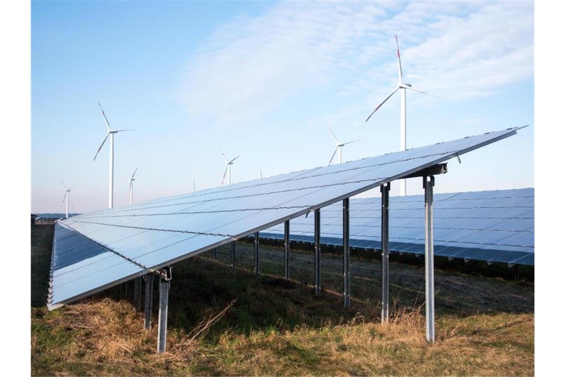 EU-Grüne fordern Fonds für erneuerbare Energien Blick auf einen Solarpark, im Hintergrund sind Windräder zu sehen. Foto: Daniel Bockwoldt/ZB/dpa