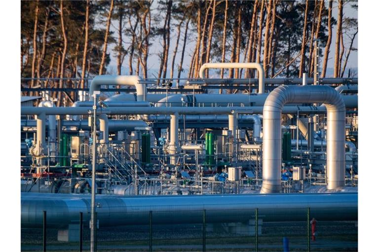 Blick auf Rohrsysteme und Absperrvorrichtungen in der Gasempfangsstation der Ostseepipeline Nord Stream 1. Foto: Stefan Sauer/dpa