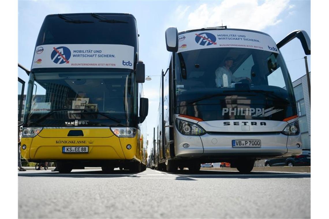 Blick auf zwei Reisebusse. Foto: Sebastian Kramer/dpa/Archivbild