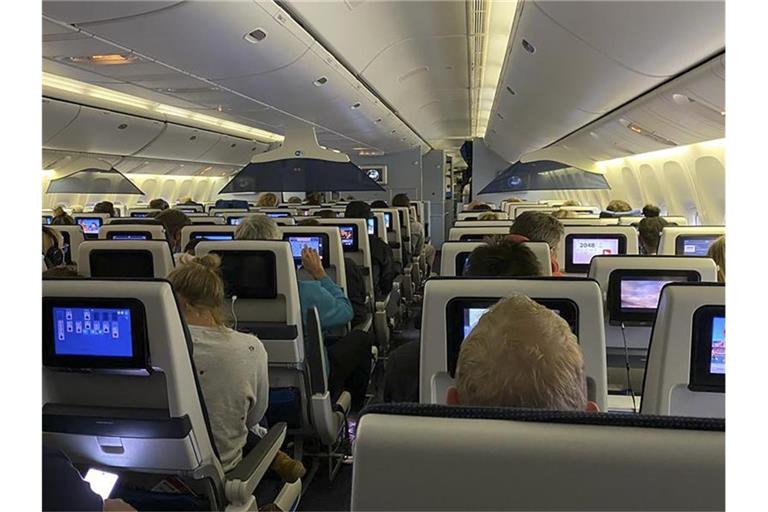 Blick in den Innenraum des Fluges KLM 598 aus Kapstadt nach Amsterdam. Mehrere Omikron-Infizierte waren an Bord der Maschine. Foto: -/Third Party/UGC über AP/dpa