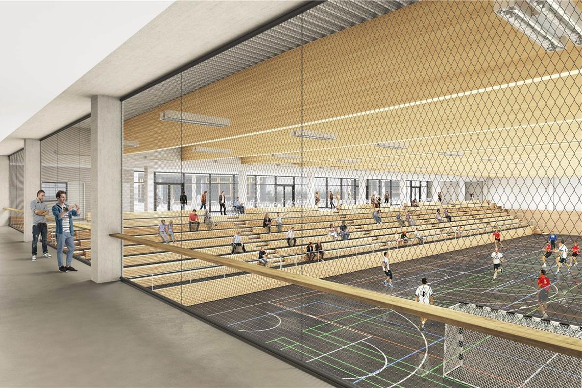Nachbesserungen bei der neuen Sporthalle auf der Maubacher Höhe in Backnang Blick in die künftige Sporthalle auf der Maubacher Höhe. Der aus Sicht der Vereine zu enge Übergang vom Foyer zur Tribüne war ein Kritikpunkt. Visualisierung: Goldbeck Süd