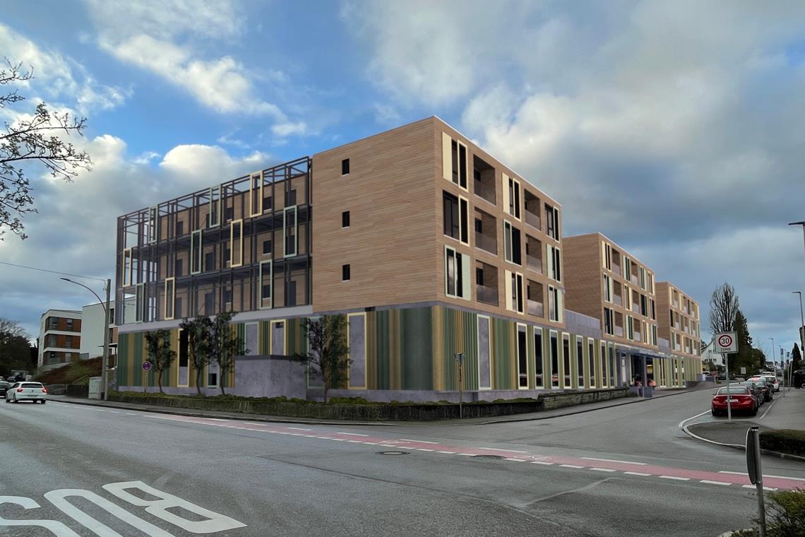 Lückenschluss auf dem Backnanger Krankenhausareal Blick in die Zukunft: Der Parkplatz an der Karl-Krische-Straße wird überdeckelt, darüber entstehen sieben Wohngebäude in Holzhybridbauweise. Visualisierung: Kreisbaugesellschaft