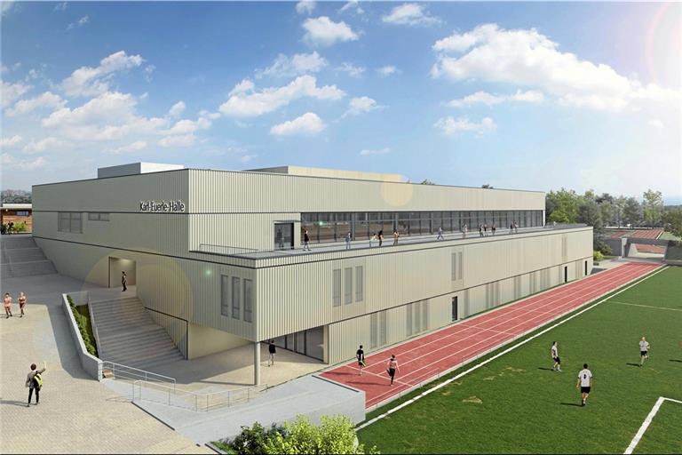 Blick ins Jahr 2025: Dann soll die neue Sporthalle auf der Maubacher Höhe in Betrieb gehen. Auch eine Dachterrasse mit Blick auf den Fußballplatz ist geplant. Visualisierung: Stadt Backnang 
