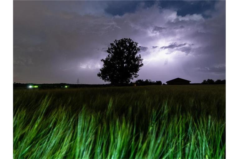 Blitze entladen sich über einem Baum bei Grasbrunn. Foto: Matthias Balk/dpa