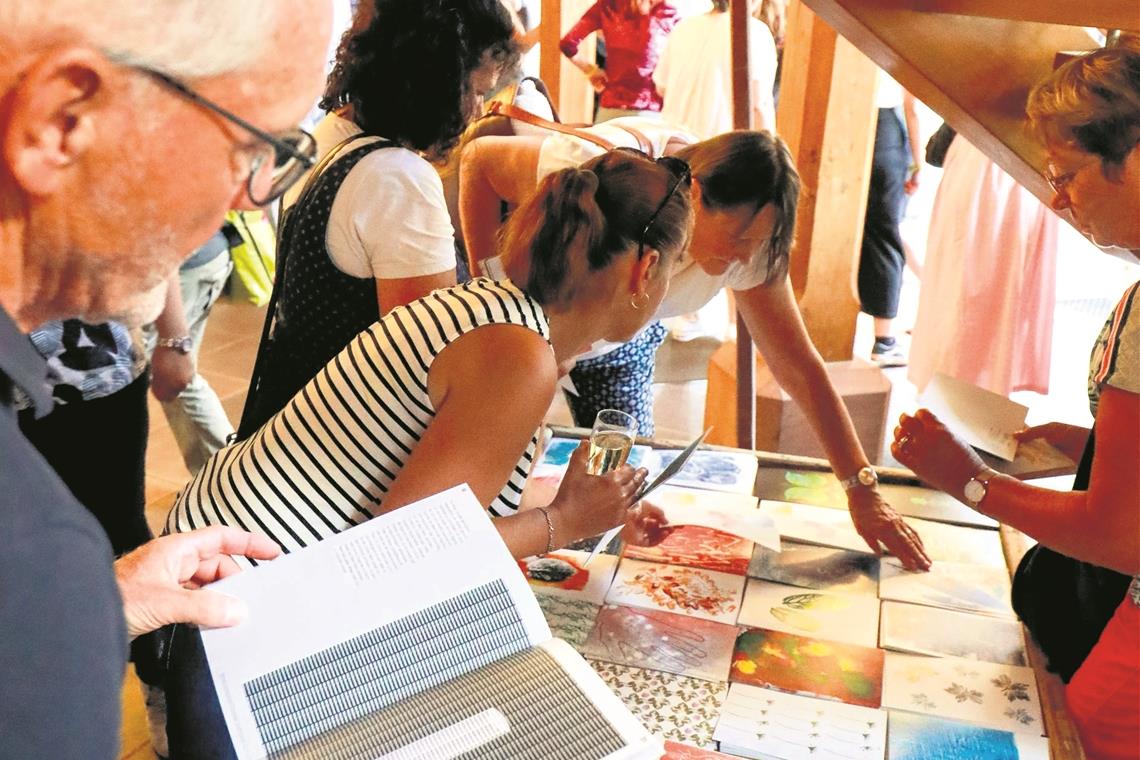 Studierende gestalten Logos Bookzine und Postkarten: Beim Abschluss des Logoprojekts in Unterweissach wurden zahlreiche Ideen und Entwürfe vorgestellt. Foto: A. Becher