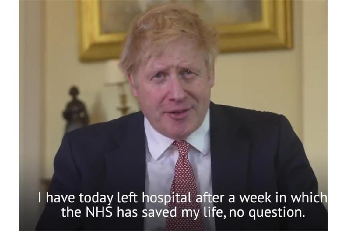 Boris Johnson aus Klinik entlassen Boris Johnson bedankt sich auf Twitter bei den Mitarbeitern des britischen nationalen Gesundheitsdienstes. Foto: Twitter Boris Johnson/10 Downing Street/AP/dpa