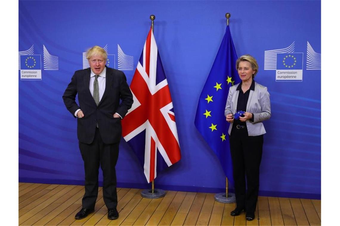 Boris Johnson und Ursula von der Leyen stehen zu Beginn des Treffens für ein Foto zusammen. Foto: Aaron Chown/PA Wire/dpa