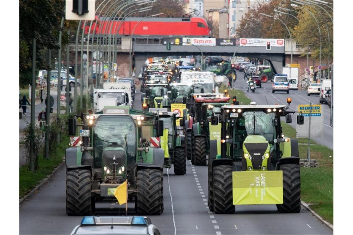 Brandenburger Bauern bei einer Protestaktion gegen das Agrarpaket der Bundesregierung in Berlin. Foto: Bernd von Jutrczenka/dpa