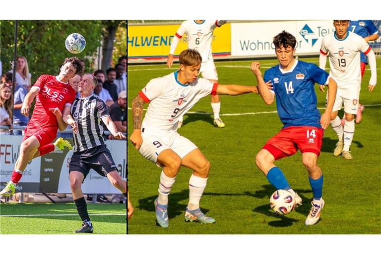 Bruno Poitner trägt normalerweise das rote Trikot des Verbandsligisten SV Fellbach (linkes Bild), war zuletzt aber auch für die A-Nationalmannschaft Liechtensteins in Blau-Rot am Ball.