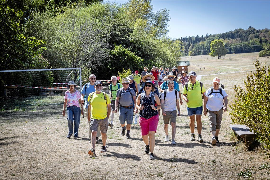 Bürgermeister Kevin Dispan (Dritter von rechts) führt die meist gut behüteten Teilnehmer der Wanderung durch die Gemeinde. Foto: Alexander Becher