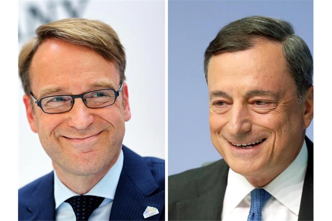 Bundesbank-Chef Jens Weidmann (l.) werden Chancen auf die Nachfolge von EZB-Präsident Mario Draghi eingeräumt. Foto: Jan Woitas/Fredrik von Erichsen