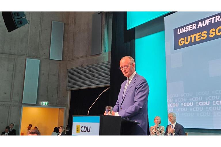 Bundeskanzler Friedrich Merz beim Landesparteitag der Südwest-CDU in Stuttgart.