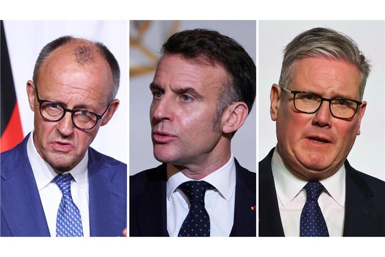 Bundeskanzler Friedrich Merz, Frankreichs Präsident Emmanuel Macron und der Premierminister Keir Starmer.