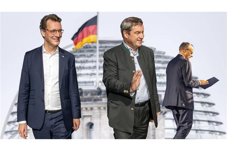 Bundeskanzler Friedrich Merz steht nach den CDU-Wahlniederlagen unter Druck. Hendrik Wüst und Markus Söder werden schon als mögliche Nachfolger gehandelt (Fotomontage)
