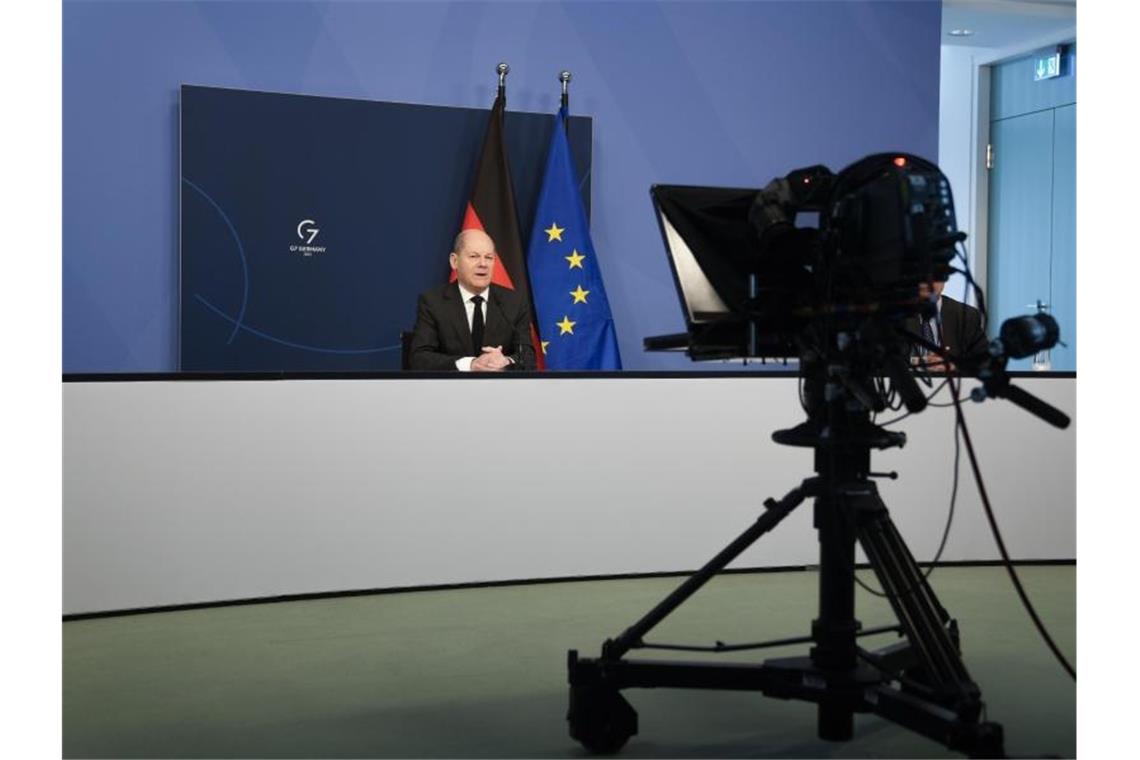 Bundeskanzler Olaf Scholz (SPD) hält eine Rede bei einer Videokonferenz im Rahmen des Weltwirtschaftsforums Davos Agenda 2022. Foto: Markus Schreiber/AP Pool/dpa