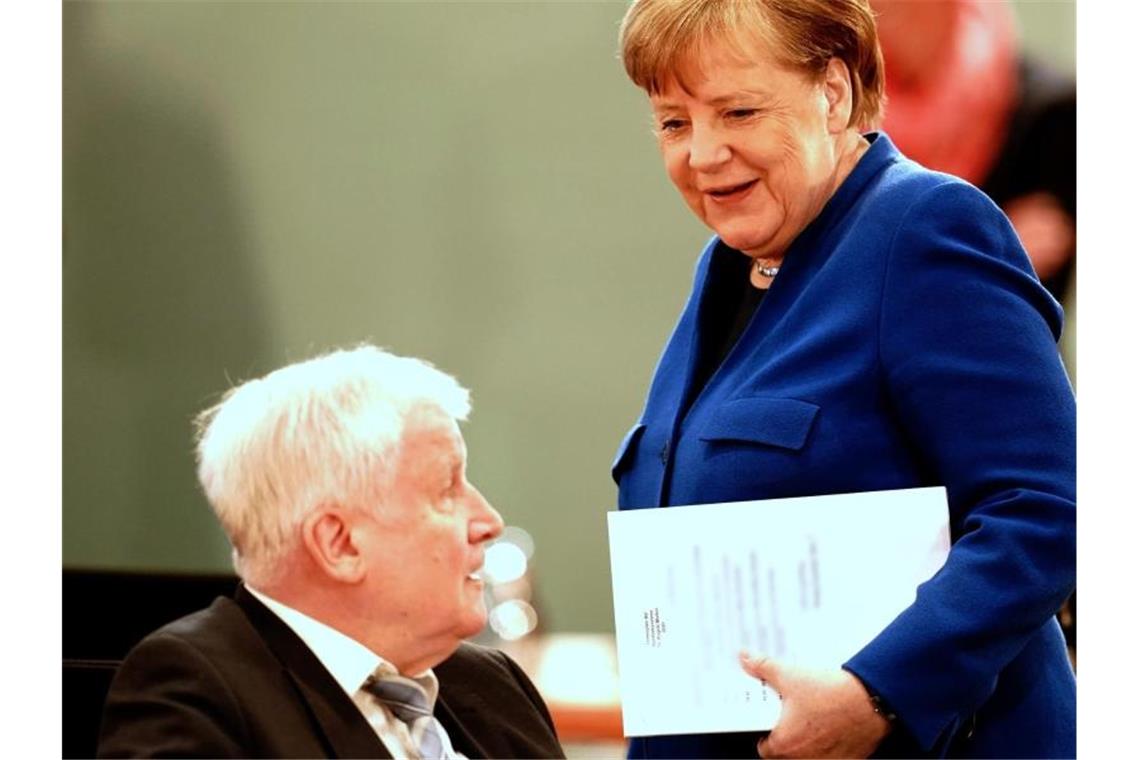 Seehofer lockert Grenzkontrollen Bundeskanzlerin Angela Merkel und Bundesinnenminister Horst Seehofer vor Beginn der Sitzung des Bundeskabinetts im Bundeskanzleramt. Foto: Kay Nietfeld/dpa
