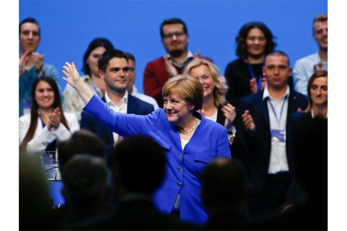Bundeskanzlerin Angela Merkel während der gemeinsamen EVP-Wahlkampfveranstaltung vor der Europawahl. Foto: Darko Vojinovic/AP
