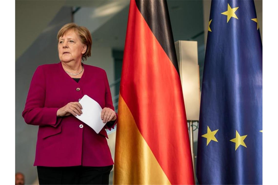 Bundeskanzlerin Merkel bei einer Pressekonferenz nach dem EU-Videogipfel. Foto: Michael Kappeler/dpa-Pool/dpa