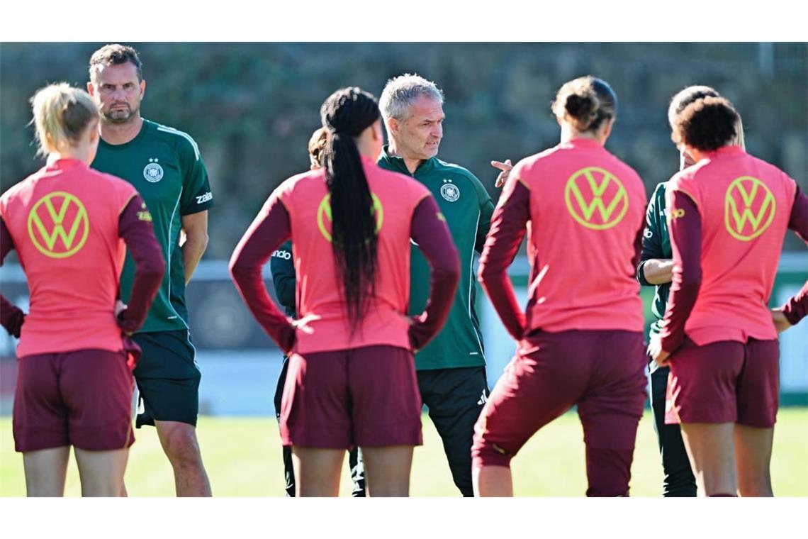 Bundestrainer Christian Wück (M) spricht mit den Spielerinnen bei einem öffentlichen Training auf dem Sportplatz des ASV Eppelheim.