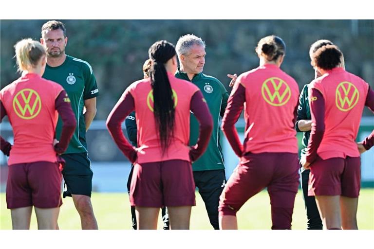 Bundestrainer Christian Wück (M) spricht mit den Spielerinnen bei einem öffentlichen Training auf dem Sportplatz des ASV Eppelheim.